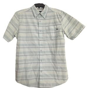 Marmot Mens medium horizontal striped blue pocket button up short sleeve shirt